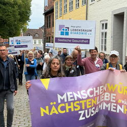 Eine Gruppe von Menschen marschiert für seelische Gesundheit mit Plakaten der Lebensraum Diakonie.