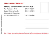 Postkarte mit wichtigen Telefonnummern zur Sucht-Hilfe in Lüneburg, inklusive psychiatrischer Klinik und Selbsthilfekontaktstelle.
