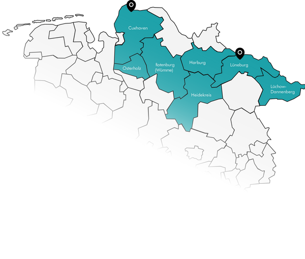 Eine Karte zeigt die Regionen Cuxhaven, Osterholz, Rotenburg, Harburg, Lüneburg und Heidekreis in markierter Farbe.