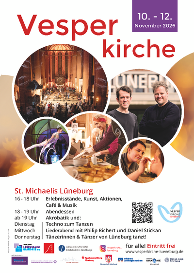 Das Plakat zur Vesperkirche 2026 zeigt eine lebendige Veranstaltung mit Kunst, Musik und Tanz in Lüneburg.