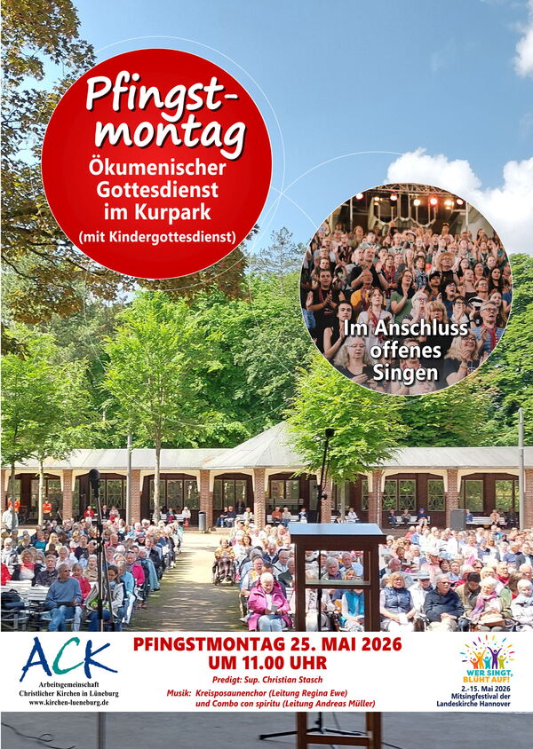 Ökumenischer Gottesdienst am Pfingstmontag 2026 im Kurpark mit einer großen Menschenmenge und Musikdarbietungen.