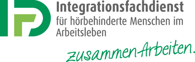 Logo des Integrationsfachdienstes für hörbehinderte Menschen im Arbeitsleben mit dem Slogan "zusammen Arbeiten".
