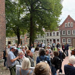 Eine Gruppe von Menschen versammelt sich unter Bäumen, um an einem Event in einer Stadt teilzunehmen.