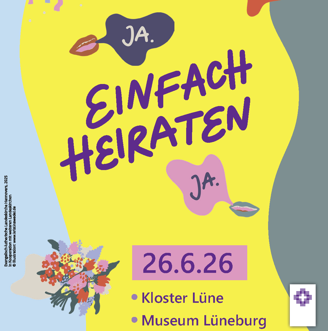 Buntes Hochzeitsplakat mit "Einfach heiraten" und Datum 26.6.26, verziert mit Blumen und Lippenmotiven.