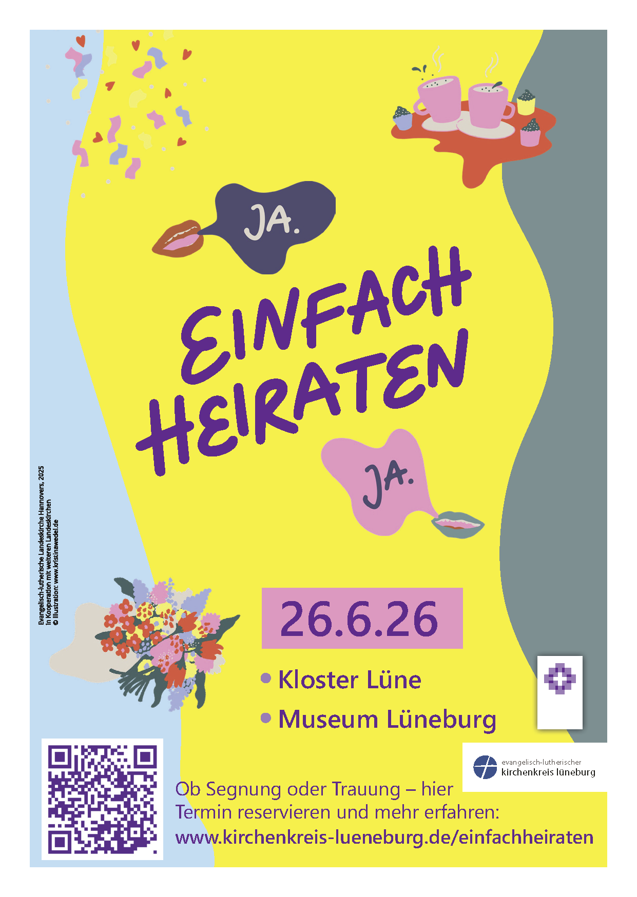Buntes Plakat mit dem Schriftzug "Einfach Heiraten", Blumenstrauß und Datum 26.6.26, um eine Hochzeit zu bewerben.