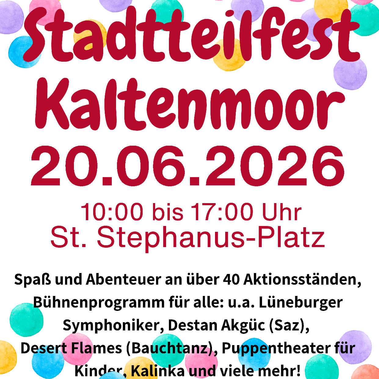Stadtteilfest Kaltenmoor 2026 mit über 40 Aktionsständen und vielfältigem Bühnenprogramm auf St. Stephanus-Platz.