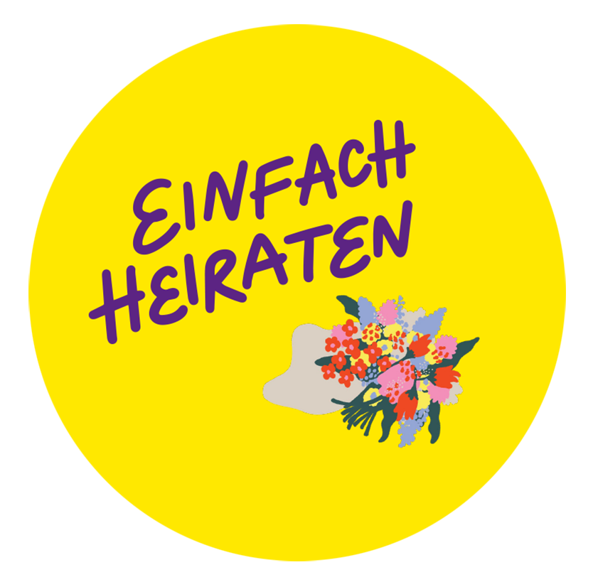 Gelbes Button-Design mit dem Text „Einfach Heiraten“ und einer bunten Blumenillustration.