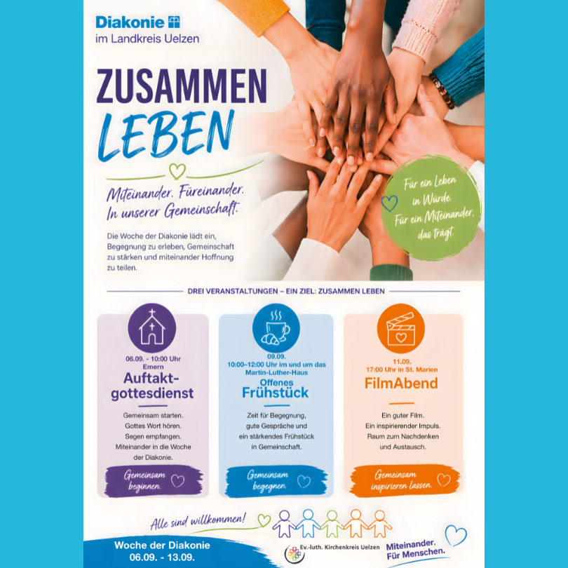 Plakat zur Woche der Diakonie im Landkreis Uelzen mit dem Motto "Zusammen leben" und Veranstaltungen zur Gemeinschaft.