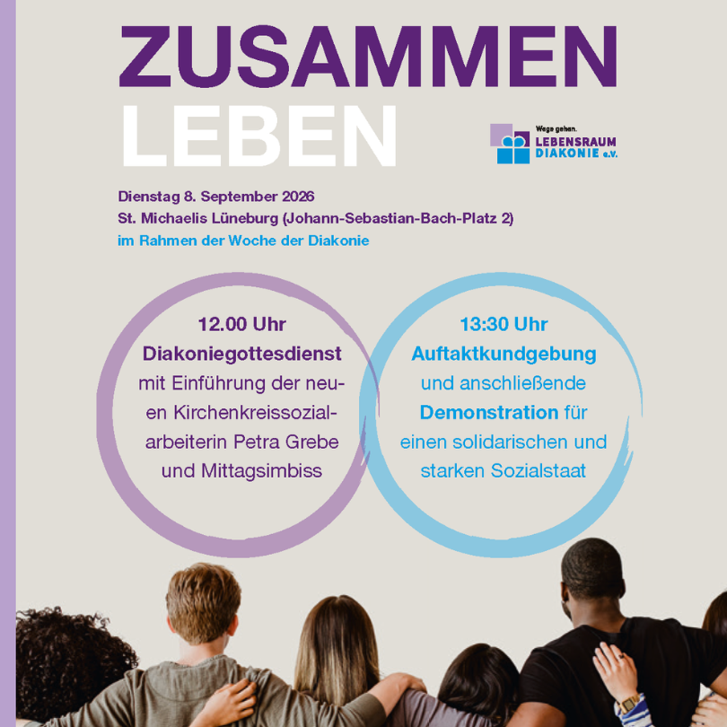 Ein Plakat zur Woche der Diakonie mit Informationen zu Gottesdienst und Demonstration für sozialen Zusammenhalt.