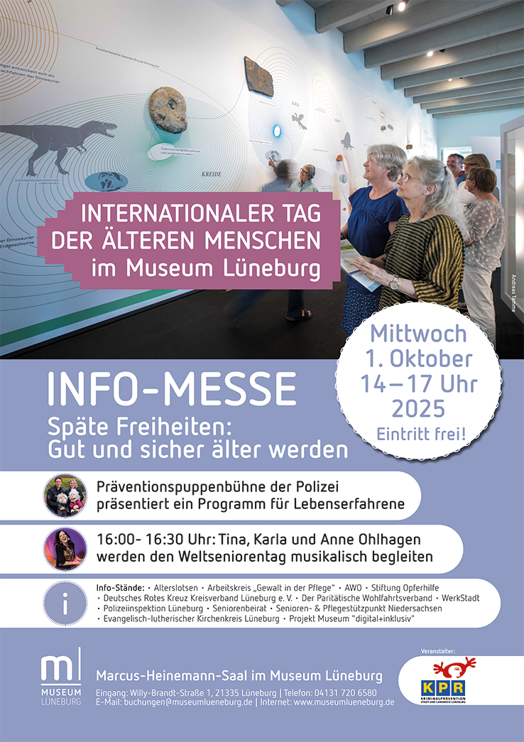 Plakat für den Internationalen Tag der älteren Menschen im Museum Lüneburg mit Info-Messe und kostenlosen Veranstaltungen.