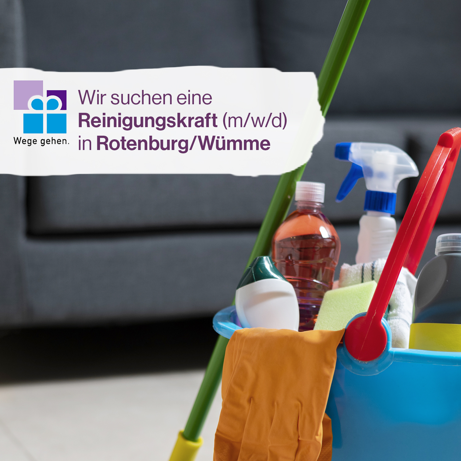 Ein Eimer mit Reinigungsmitteln und Putzutensilien steht vor einer Anzeige für eine Reinigungskraft in Rotenburg/Wümme.
