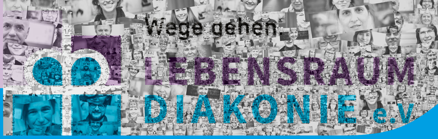 Bildcollage mit Portraitbildern von Menschen beim Lebensraum Diakonie mit Lebensraum-Logo - Wege gehen.